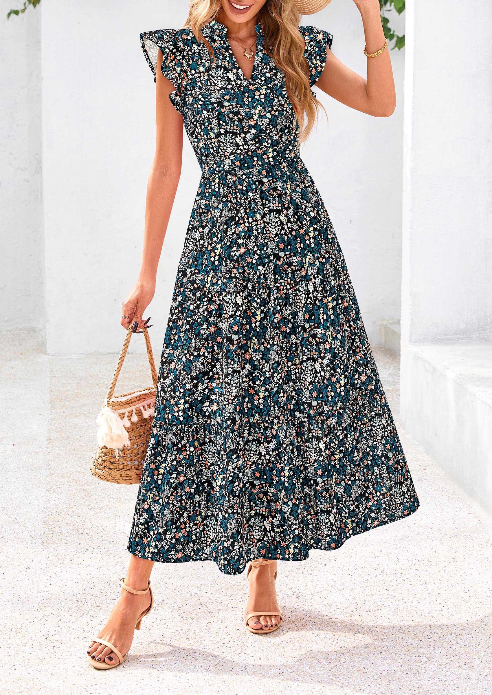 PRETTYGARDEN Women's Summer Floral Midi Dress Cap Sleeve V Neck Ruffle Long Flowy Boho Casual Beach Vacation Dresses