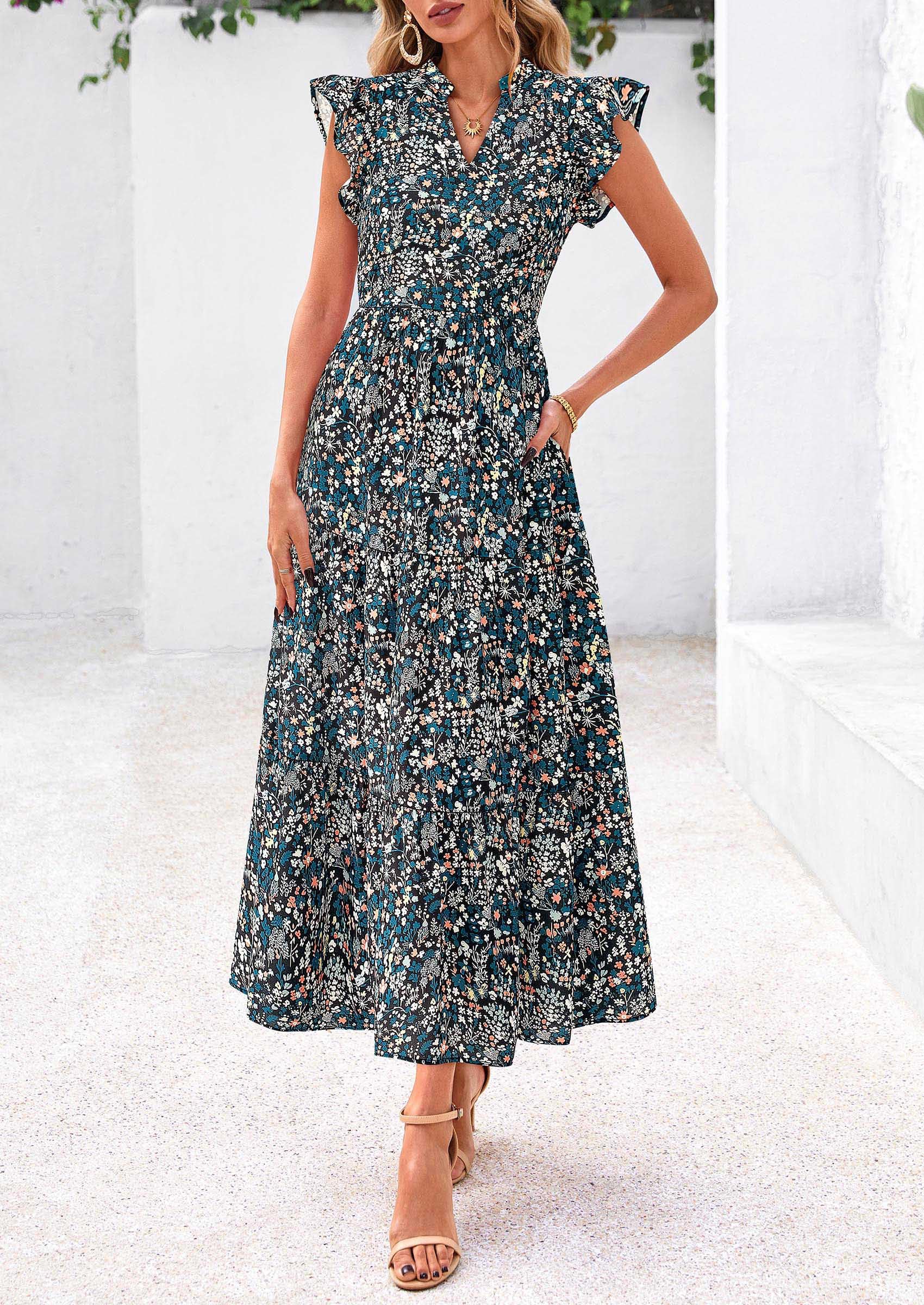 PRETTYGARDEN Women's Summer Floral Midi Dress Cap Sleeve V Neck Ruffle Long Flowy Boho Casual Beach Vacation Dresses