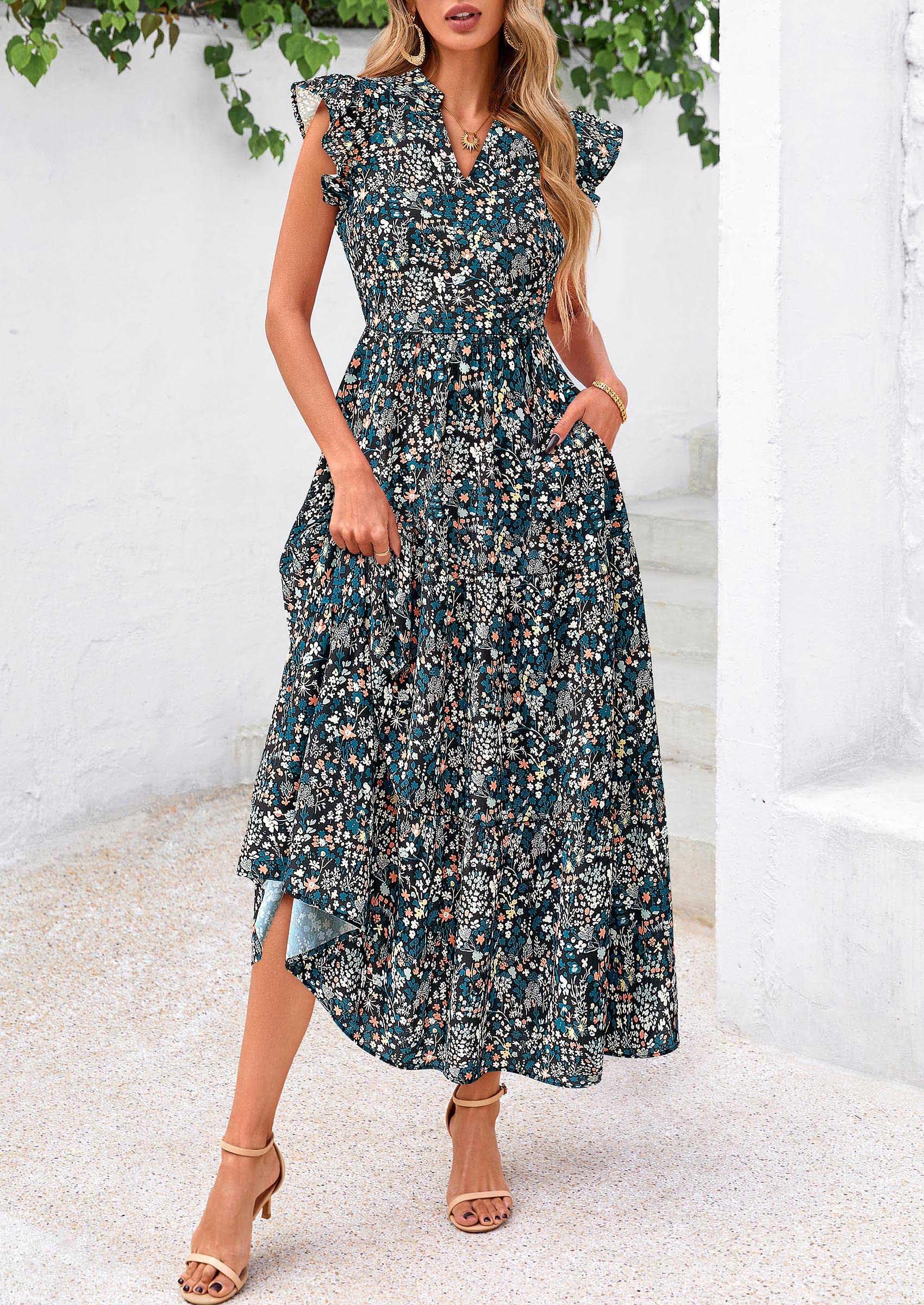 PRETTYGARDEN Women's Summer Floral Midi Dress Cap Sleeve V Neck Ruffle Long Flowy Boho Casual Beach Vacation Dresses