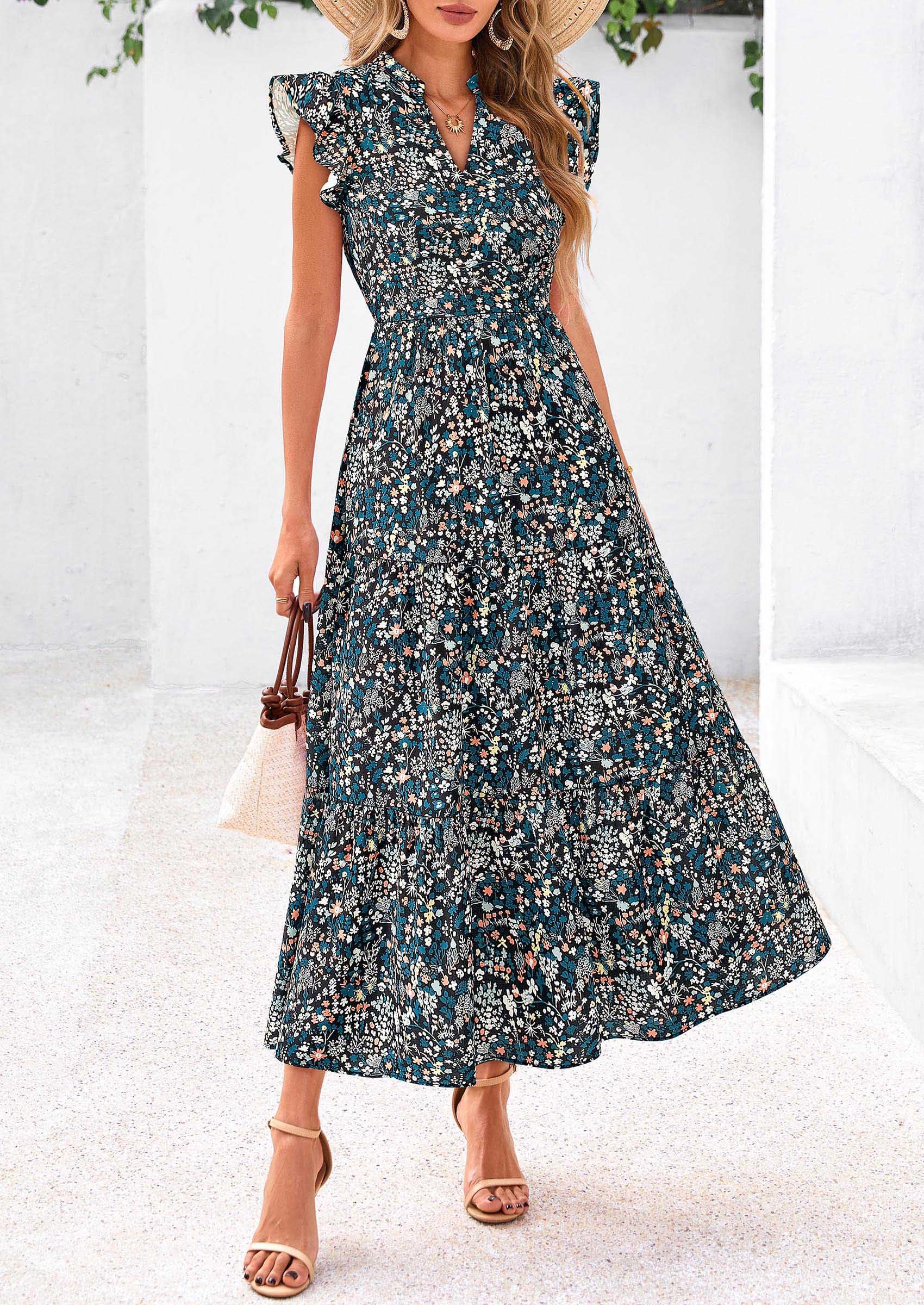 PRETTYGARDEN Women's Summer Floral Midi Dress Cap Sleeve V Neck Ruffle Long Flowy Boho Casual Beach Vacation Dresses