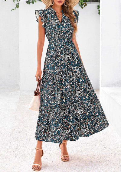 PRETTYGARDEN Women's Summer Floral Midi Dress Cap Sleeve V Neck Ruffle Long Flowy Boho Casual Beach Vacation Dresses