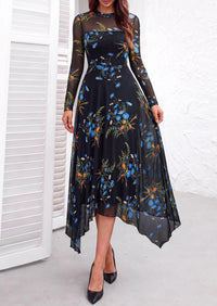 PRETTYGARDEN Women's Floral Mesh Midi Dress | Fall Wedding Guest Dresses, Sheer Long Sleeve, Mock Neck, A-line, Fit & Flare, Cocktail Holiday Party, Date Night Outfits