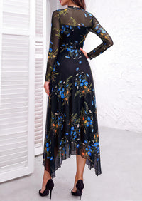 PRETTYGARDEN Women's Floral Mesh Midi Dress | Fall Wedding Guest Dresses, Sheer Long Sleeve, Mock Neck, A-line, Fit & Flare, Cocktail Holiday Party, Date Night Outfits