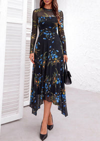PRETTYGARDEN Women's Floral Mesh Midi Dress | Fall Wedding Guest Dresses, Sheer Long Sleeve, Mock Neck, A-line, Fit & Flare, Cocktail Holiday Party, Date Night Outfits