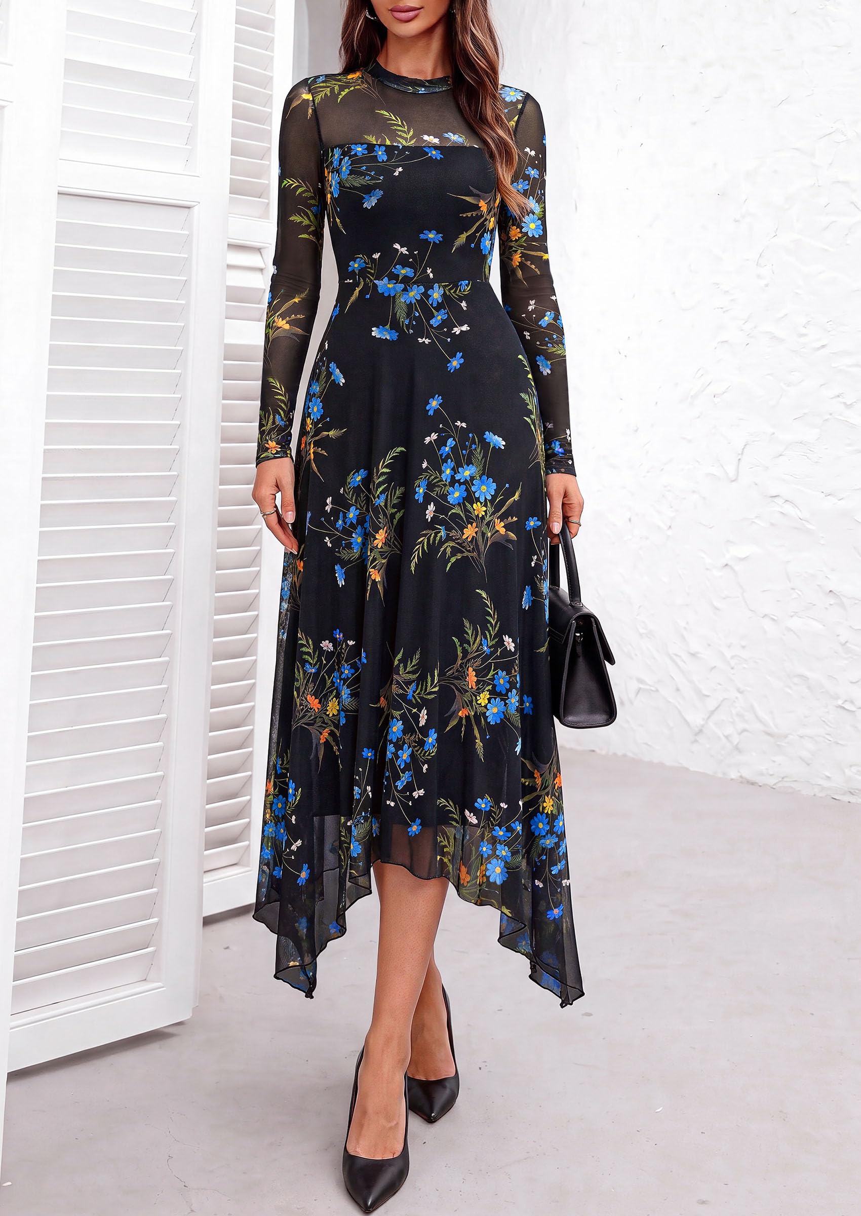 PRETTYGARDEN Women's Floral Mesh Midi Dress | Fall Wedding Guest Dresses, Sheer Long Sleeve, Mock Neck, A-line, Fit & Flare, Cocktail Holiday Party, Date Night Outfits