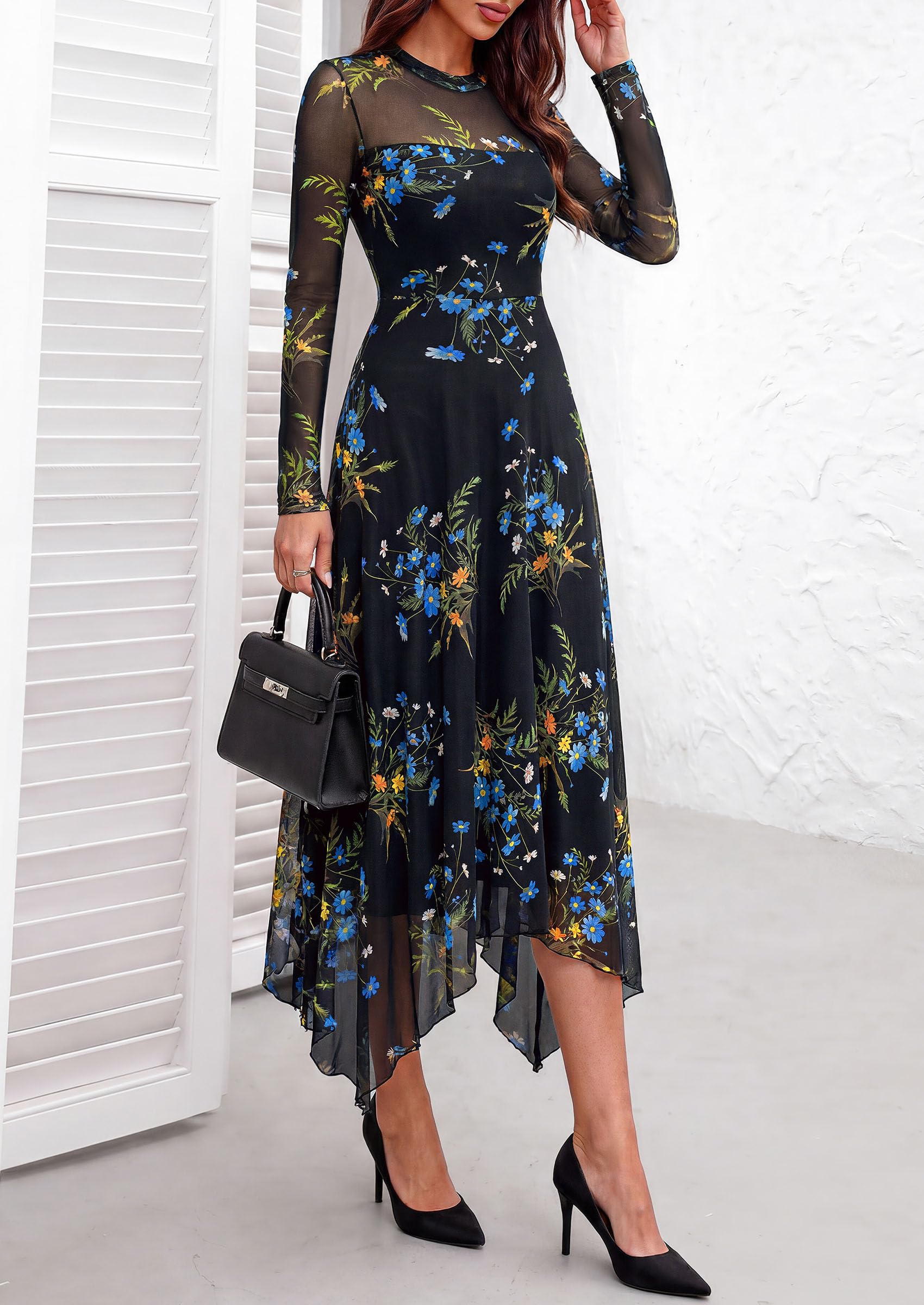 PRETTYGARDEN Women's Floral Mesh Midi Dress | Fall Wedding Guest Dresses, Sheer Long Sleeve, Mock Neck, A-line, Fit & Flare, Cocktail Holiday Party, Date Night Outfits