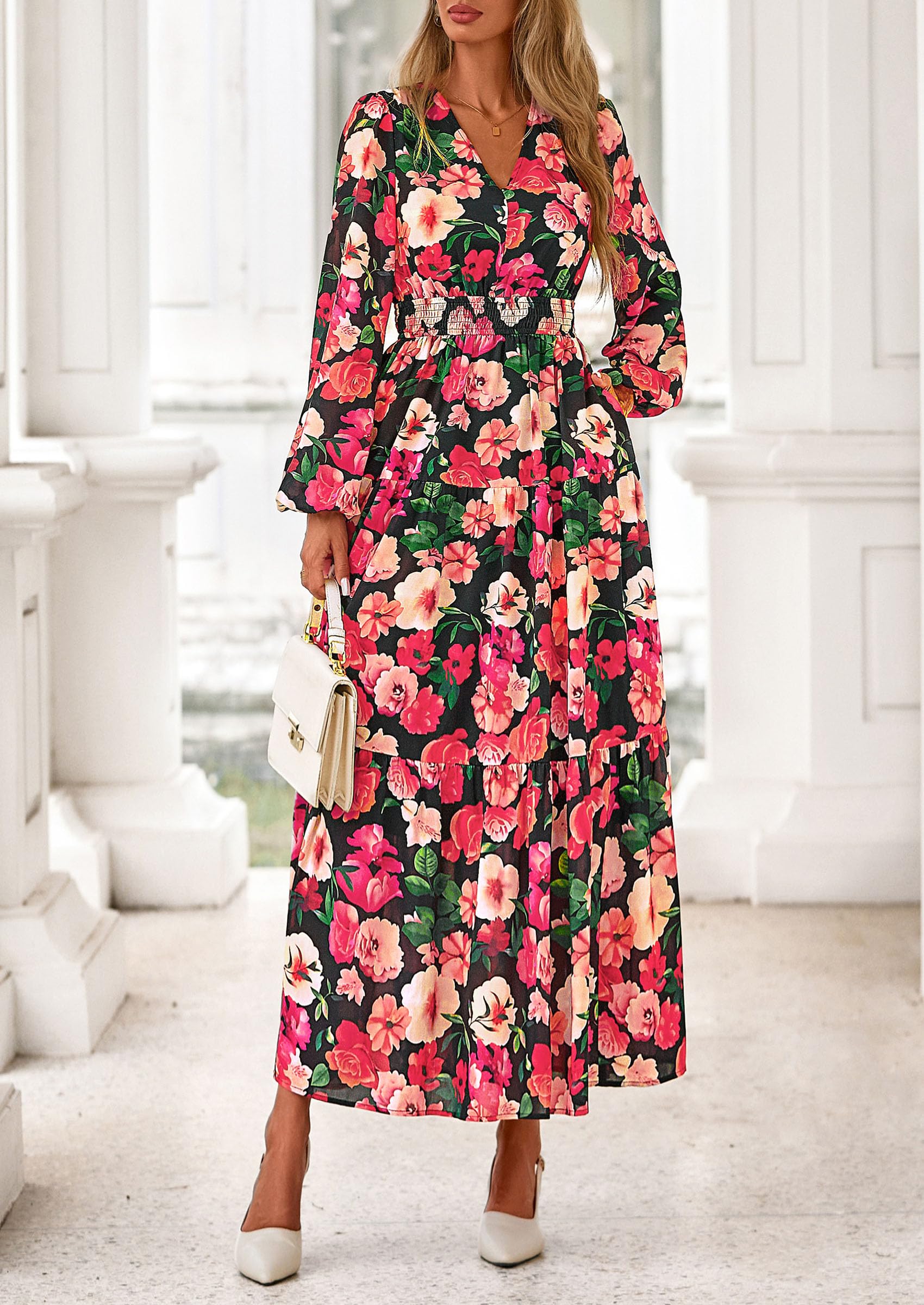 PRETTYGARDEN Long Sleeve Maxi Fall Dresses for Women Vneck Smocked Boho Floral Tiered Swing Flowy Wedding Guest Dress