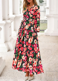 PRETTYGARDEN Long Sleeve Maxi Fall Dresses for Women Vneck Smocked Boho Floral Tiered Swing Flowy Wedding Guest Dress