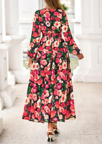 PRETTYGARDEN Long Sleeve Maxi Fall Dresses for Women Vneck Smocked Boho Floral Tiered Swing Flowy Wedding Guest Dress