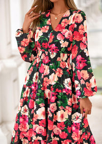 PRETTYGARDEN Long Sleeve Maxi Fall Dresses for Women Vneck Smocked Boho Floral Tiered Swing Flowy Wedding Guest Dress