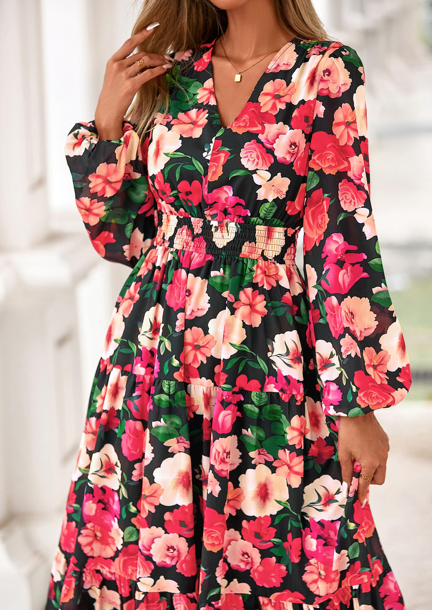 PRETTYGARDEN Long Sleeve Maxi Fall Dresses for Women Vneck Smocked Boho Floral Tiered Swing Flowy Wedding Guest Dress