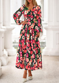 PRETTYGARDEN Long Sleeve Maxi Fall Dresses for Women Vneck Smocked Boho Floral Tiered Swing Flowy Wedding Guest Dress