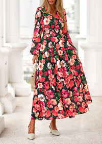 PRETTYGARDEN Long Sleeve Maxi Fall Dresses for Women Vneck Smocked Boho Floral Tiered Swing Flowy Wedding Guest Dress