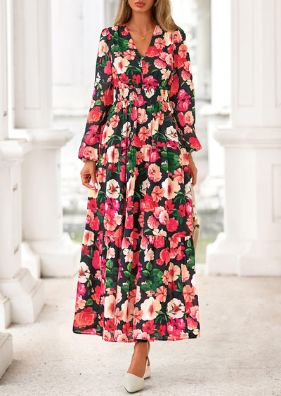 PRETTYGARDEN Long Sleeve Maxi Fall Dresses for Women Vneck Smocked Boho Floral Tiered Swing Flowy Wedding Guest Dress