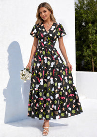 PRETTYGARDEN Women Summer Maxi Dresses Short Sleeve V Neck Button Floral Tiered Flowy Boho Sundress Beach Outfits