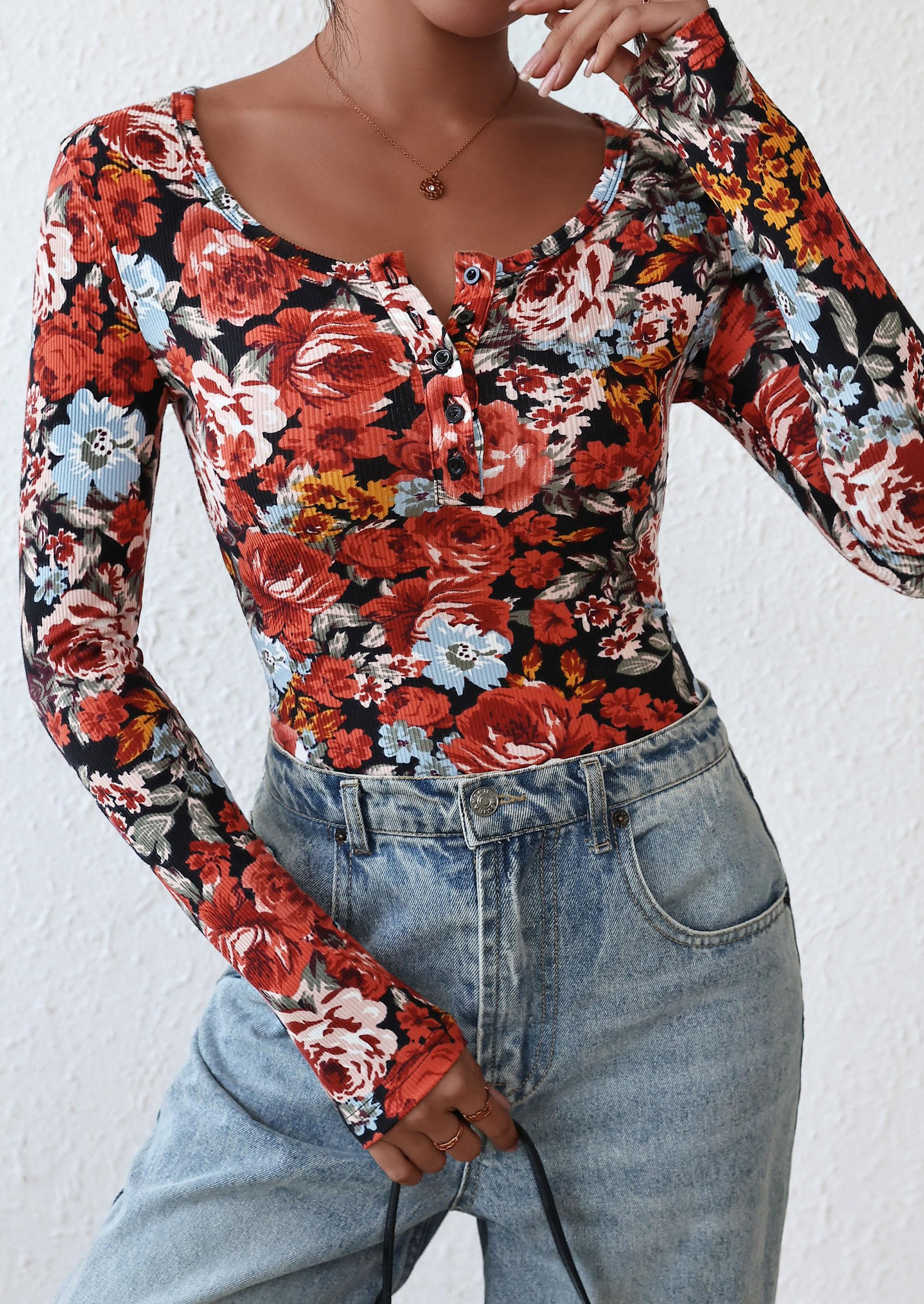 PRETTYGARDEN Women's Fall Long Sleeve Henley T Shirts Button Ribbed Knit Slim Fit Basic Tops Blouse Casual Outfits