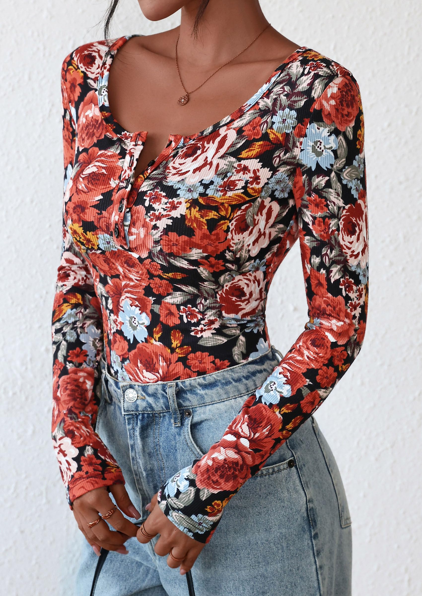 PRETTYGARDEN Women's Fall Long Sleeve Henley T Shirts Button Ribbed Knit Slim Fit Basic Tops Blouse Casual Outfits