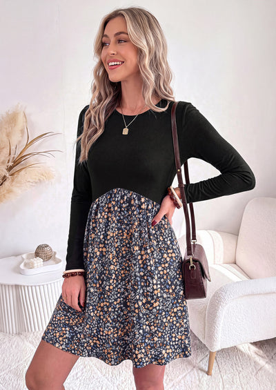 PRETTYGARDEN Womens Long Sleeve Empire Waist Maternity Dress with Pockets Crewnck Flowy A Line Casual Dresses, Above Knee Length, Solid Color & Floral, Baby Shower Outfits, Travel Fashion Clothes