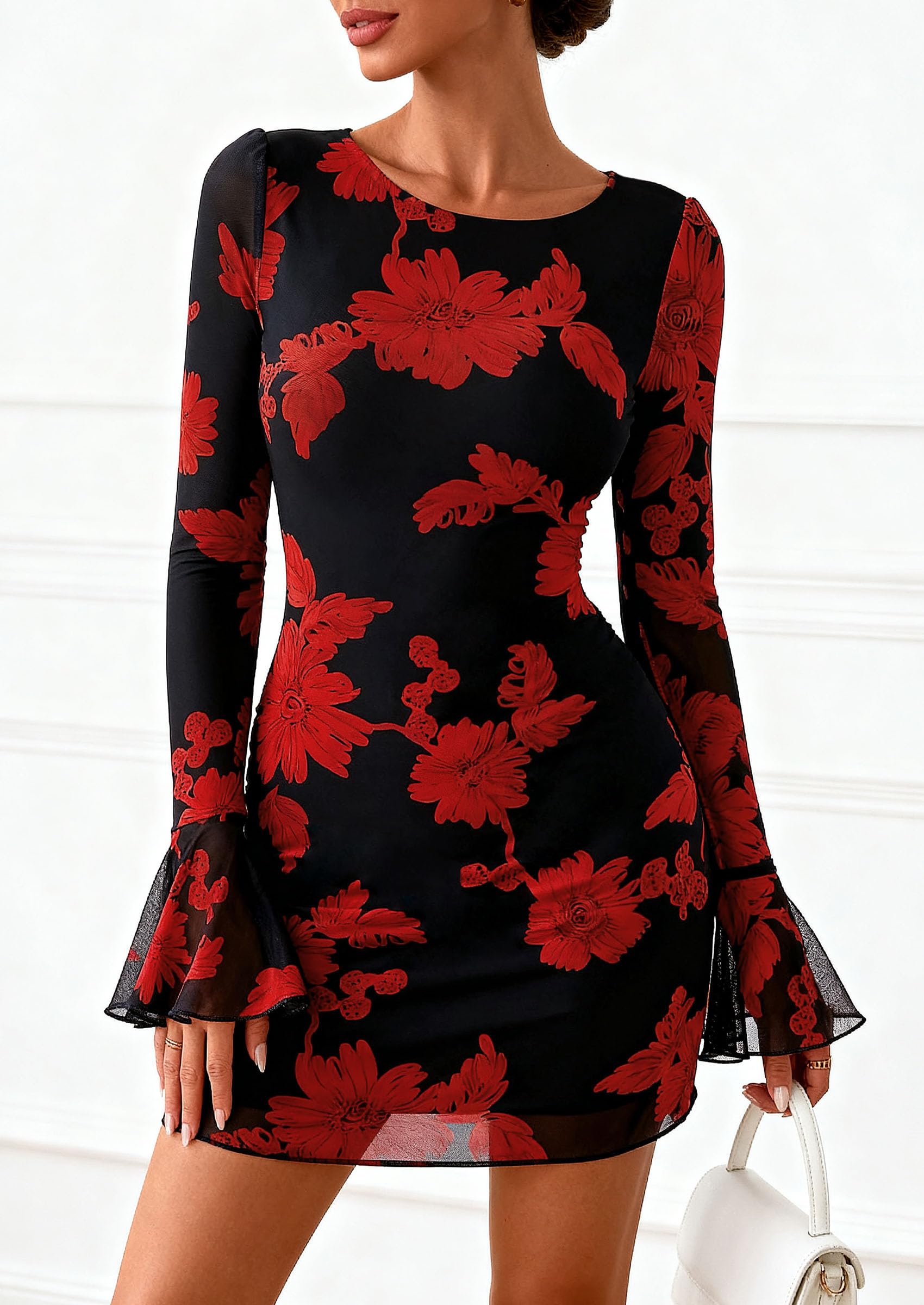 PRETTYGARDEN Women's Floral Embroidered Dress Fall Long Bell Sleeve Ribbon Flower Mini Short Mesh Bodycon Party Dresses