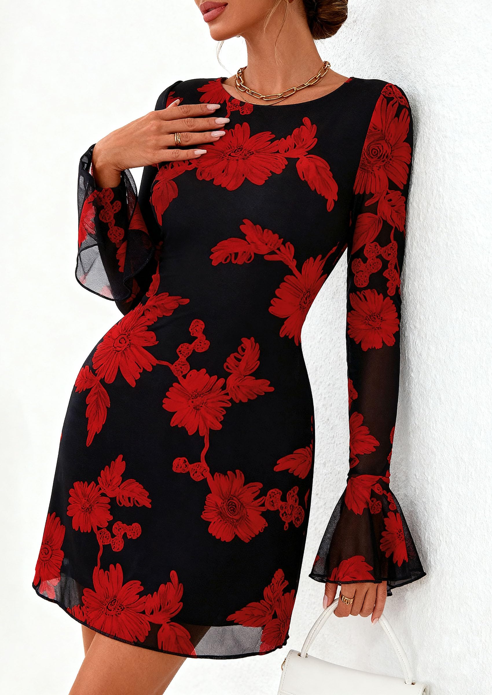 PRETTYGARDEN Women's Floral Embroidered Dress Fall Long Bell Sleeve Ribbon Flower Mini Short Mesh Bodycon Party Dresses