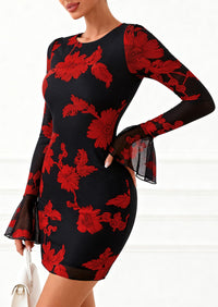 PRETTYGARDEN Women's Floral Embroidered Dress Fall Long Bell Sleeve Ribbon Flower Mini Short Mesh Bodycon Party Dresses