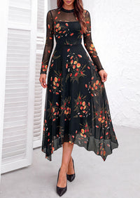 PRETTYGARDEN Women's Floral Mesh Midi Dress | Fall Wedding Guest Dresses, Sheer Long Sleeve, Mock Neck, A-line, Fit & Flare, Cocktail Holiday Party, Date Night Outfits
