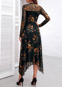 PRETTYGARDEN Women's Floral Mesh Midi Dress | Fall Wedding Guest Dresses, Sheer Long Sleeve, Mock Neck, A-line, Fit & Flare, Cocktail Holiday Party, Date Night Outfits
