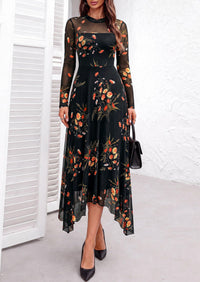 PRETTYGARDEN Women's Floral Mesh Midi Dress | Fall Wedding Guest Dresses, Sheer Long Sleeve, Mock Neck, A-line, Fit & Flare, Cocktail Holiday Party, Date Night Outfits