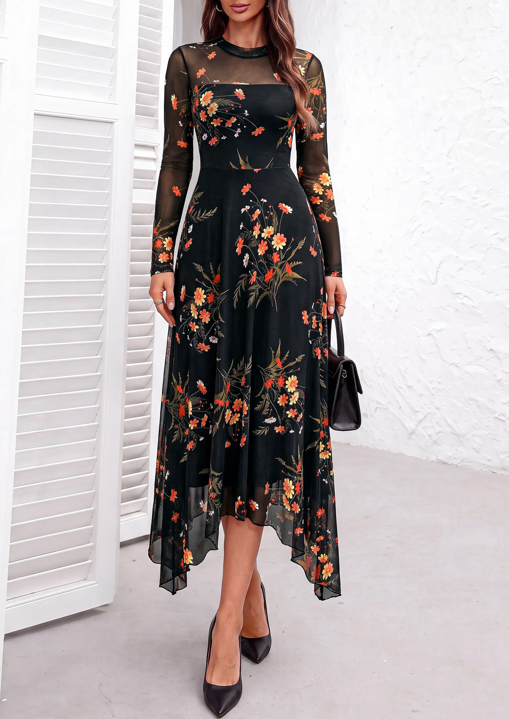 PRETTYGARDEN Women's Floral Mesh Midi Dress | Fall Wedding Guest Dresses, Sheer Long Sleeve, Mock Neck, A-line, Fit & Flare, Cocktail Holiday Party, Date Night Outfits