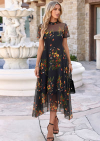 PRETTYGARDEN Cocktail Dresses for Women Summer Short Sleeve Floral Mesh Sheer Midi Party Wedding Guest Dress