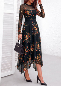 PRETTYGARDEN Women's Floral Mesh Midi Dress | Fall Wedding Guest Dresses, Sheer Long Sleeve, Mock Neck, A-line, Fit & Flare, Cocktail Holiday Party, Date Night Outfits