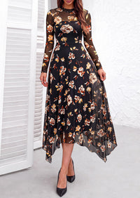 PRETTYGARDEN Women's Floral Mesh Midi Dress | Fall Wedding Guest Dresses, Sheer Long Sleeve, Mock Neck, A-line, Fit & Flare, Cocktail Holiday Party, Date Night Outfits