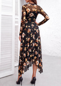 PRETTYGARDEN Women's Floral Mesh Midi Dress | Fall Wedding Guest Dresses, Sheer Long Sleeve, Mock Neck, A-line, Fit & Flare, Cocktail Holiday Party, Date Night Outfits