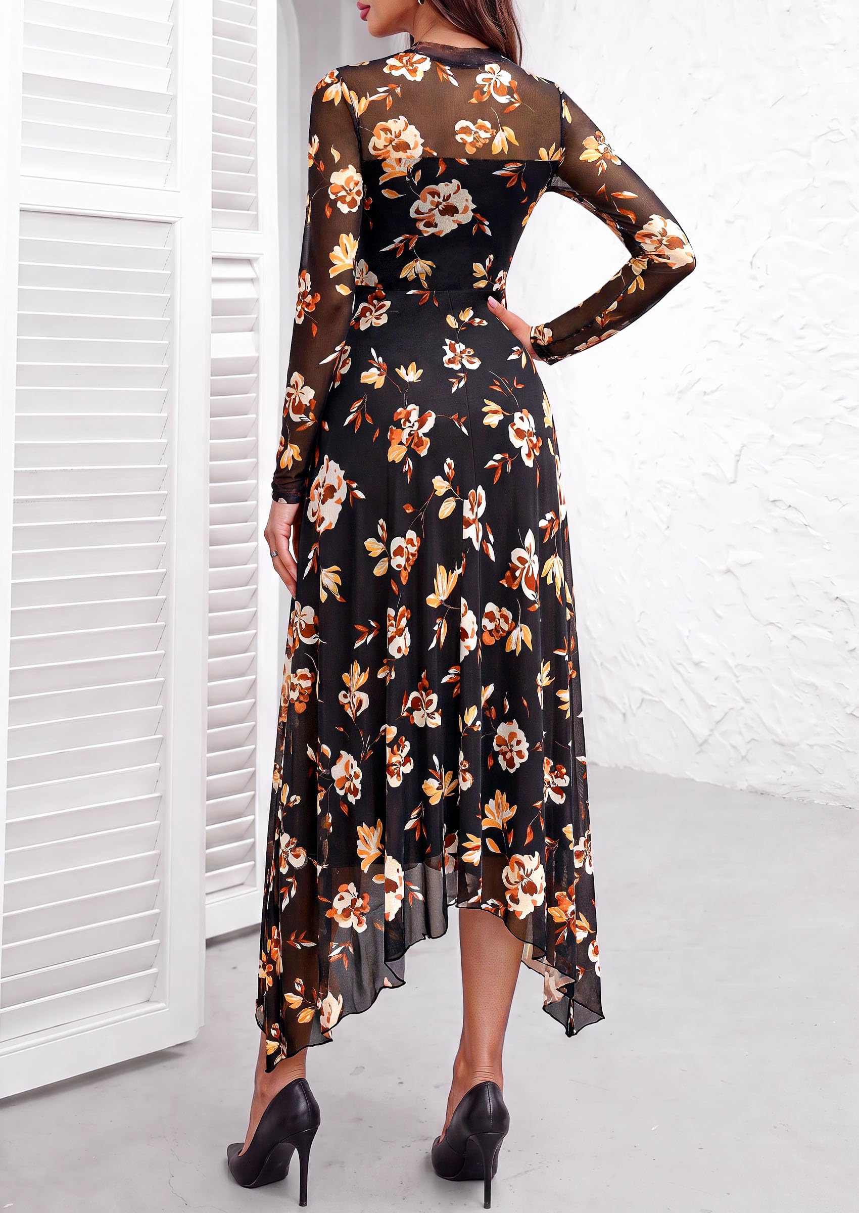 PRETTYGARDEN Women's Floral Mesh Midi Dress | Fall Wedding Guest Dresses, Sheer Long Sleeve, Mock Neck, A-line, Fit & Flare, Cocktail Holiday Party, Date Night Outfits