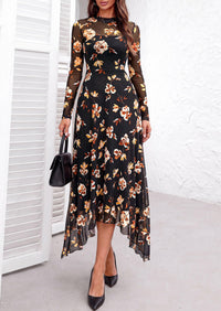 PRETTYGARDEN Women's Floral Mesh Midi Dress | Fall Wedding Guest Dresses, Sheer Long Sleeve, Mock Neck, A-line, Fit & Flare, Cocktail Holiday Party, Date Night Outfits