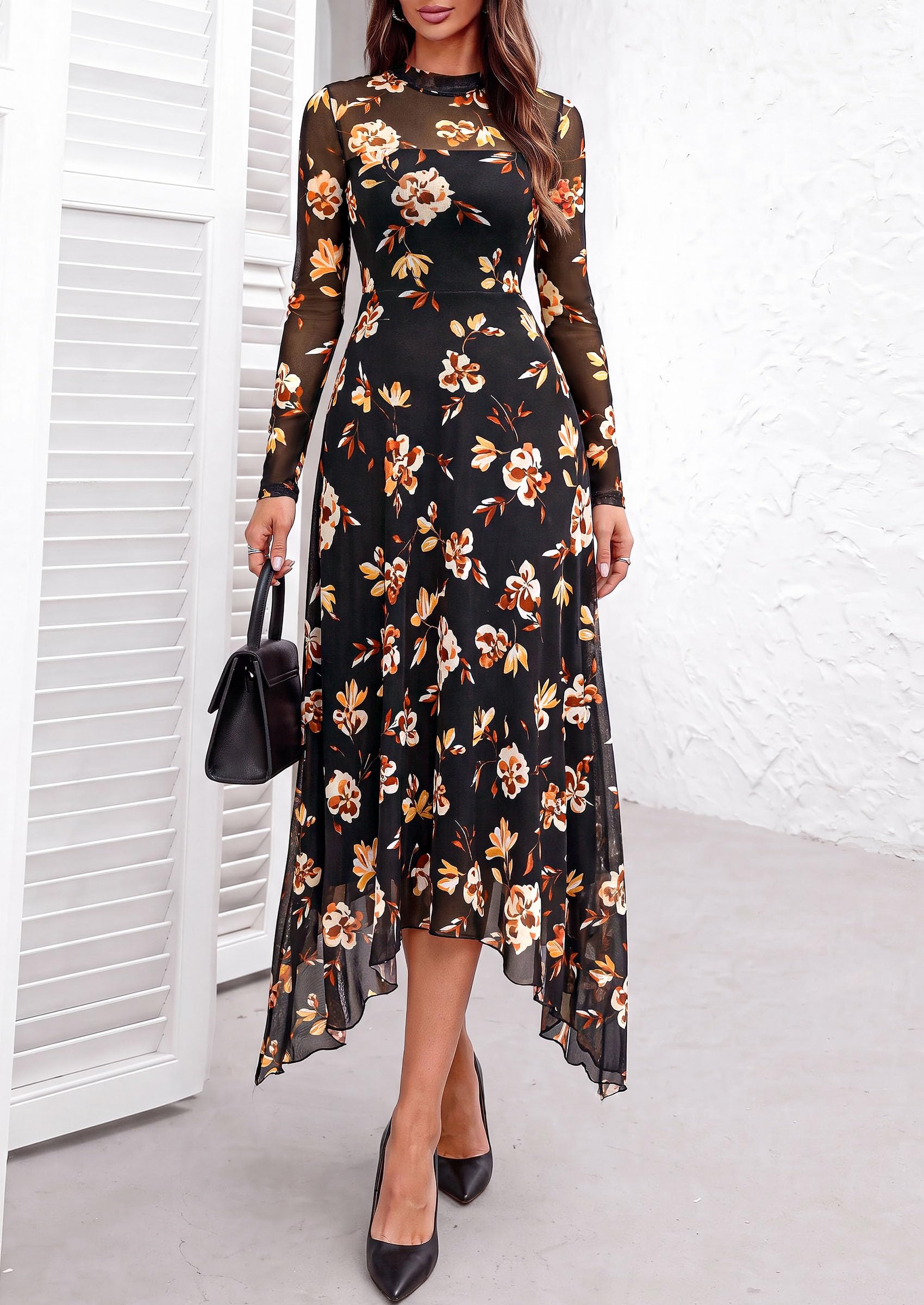 PRETTYGARDEN Women's Floral Mesh Midi Dress | Fall Wedding Guest Dresses, Sheer Long Sleeve, Mock Neck, A-line, Fit & Flare, Cocktail Holiday Party, Date Night Outfits