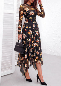 PRETTYGARDEN Women's Floral Mesh Midi Dress | Fall Wedding Guest Dresses, Sheer Long Sleeve, Mock Neck, A-line, Fit & Flare, Cocktail Holiday Party, Date Night Outfits