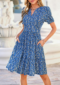 PRETTYGARDEN Womens Summer Casaul Short Dresses Floral V Neck Puff Sleeve Boho A Line Flowy Mini Beach Vacation Dress