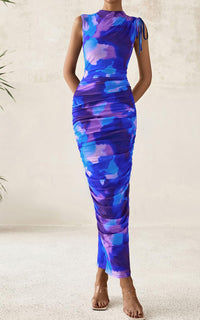 PRETTYGARDEN Women's Summer Maxi Floral Dresses Ruched Bodycon Sleeveless Mesh Formal Wedding Guest Cocktail Split Long Dress PRETTYGARDEN