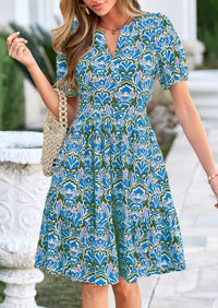 PRETTYGARDEN Womens Summer Casaul Short Dresses Floral V Neck Puff Sleeve Boho A Line Flowy Mini Beach Vacation Dress