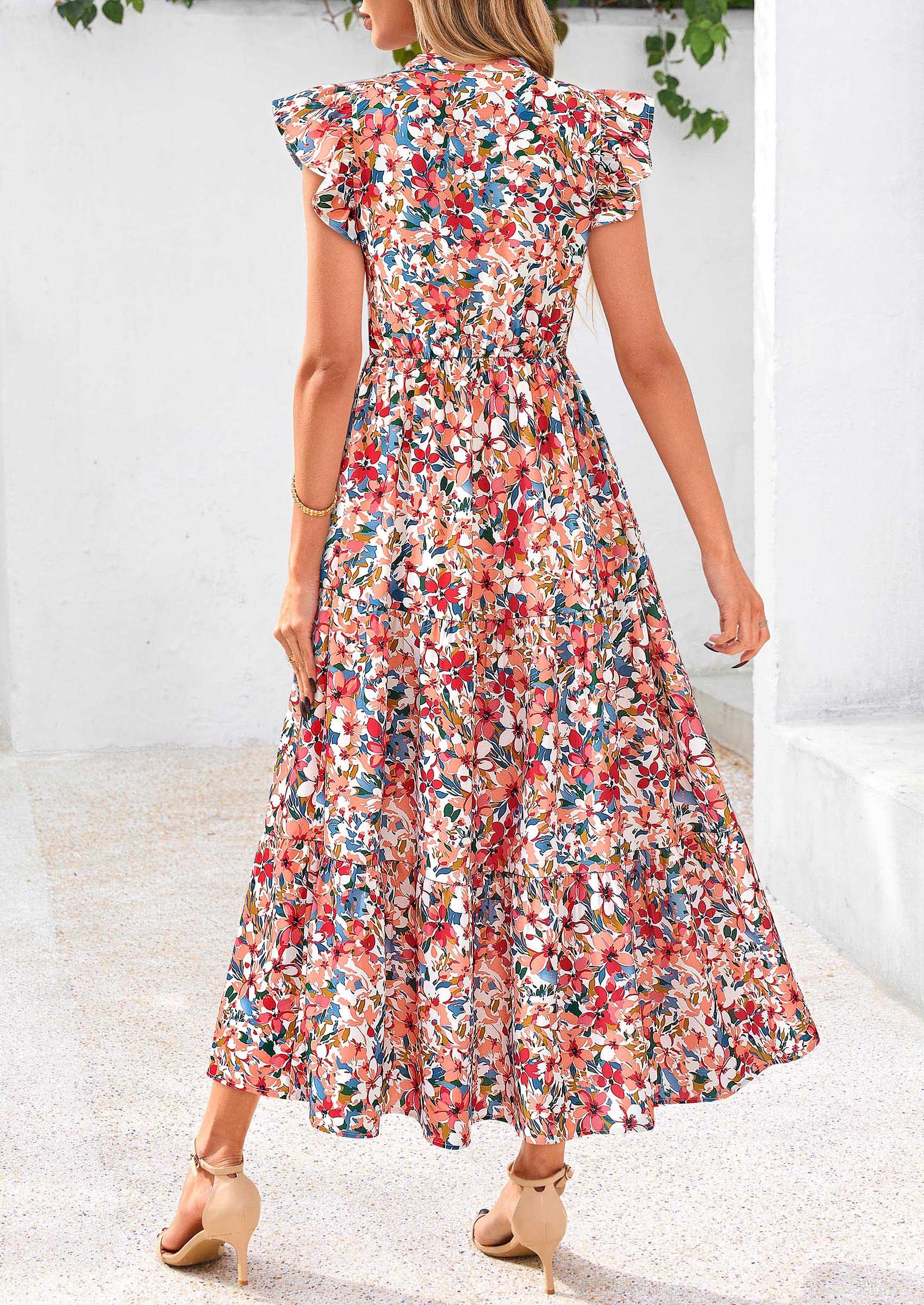 PRETTYGARDEN Women's Summer Floral Midi Dress Cap Sleeve V Neck Ruffle Long Flowy Boho Casual Beach Vacation Dresses