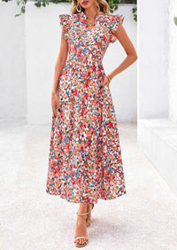 PRETTYGARDEN Women's Summer Floral Midi Dress Cap Sleeve V Neck Ruffle Long Flowy Boho Casual Beach Vacation Dresses