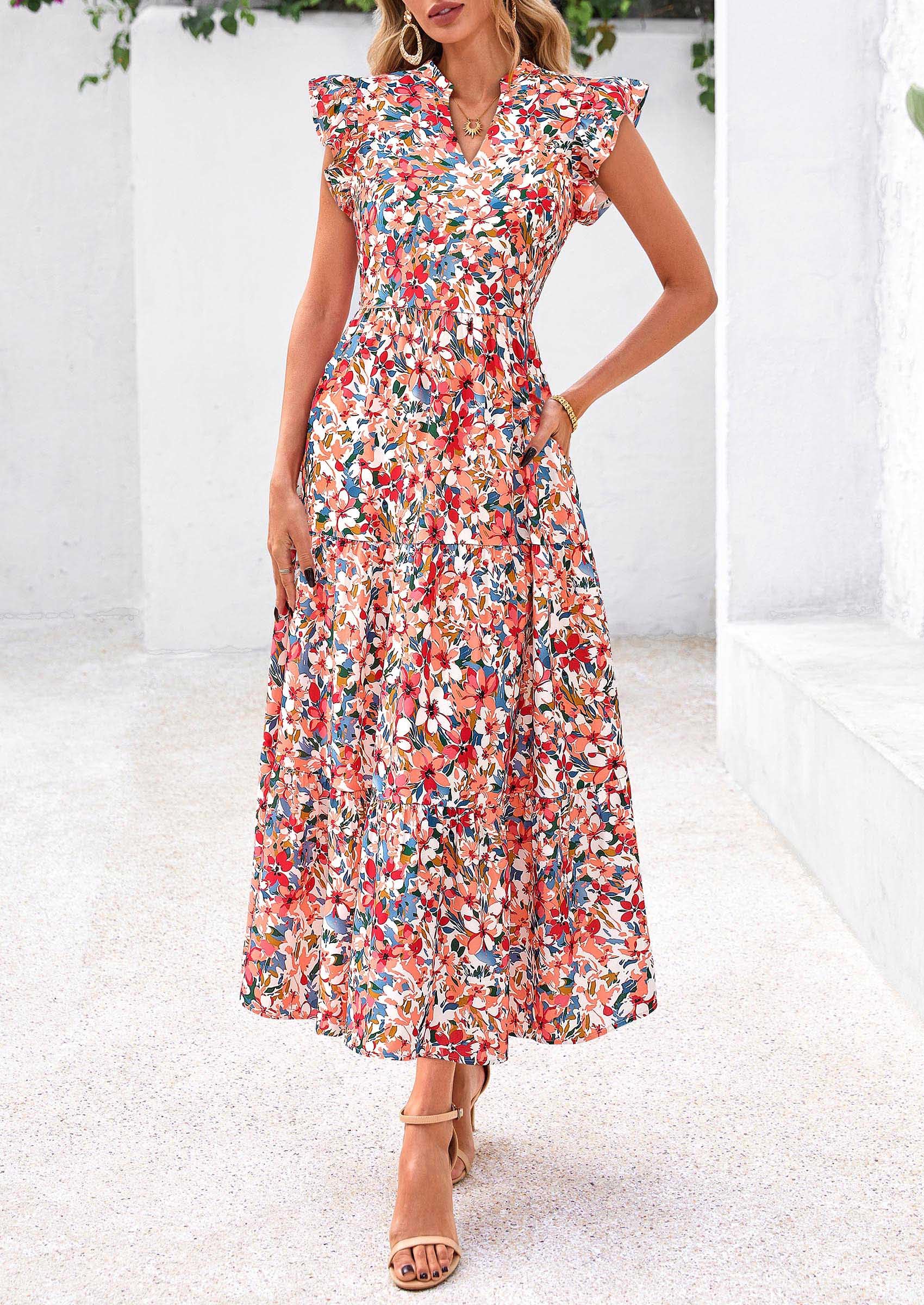 PRETTYGARDEN Women's Summer Floral Midi Dress Cap Sleeve V Neck Ruffle Long Flowy Boho Casual Beach Vacation Dresses