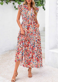 PRETTYGARDEN Women's Summer Floral Midi Dress Cap Sleeve V Neck Ruffle Long Flowy Boho Casual Beach Vacation Dresses