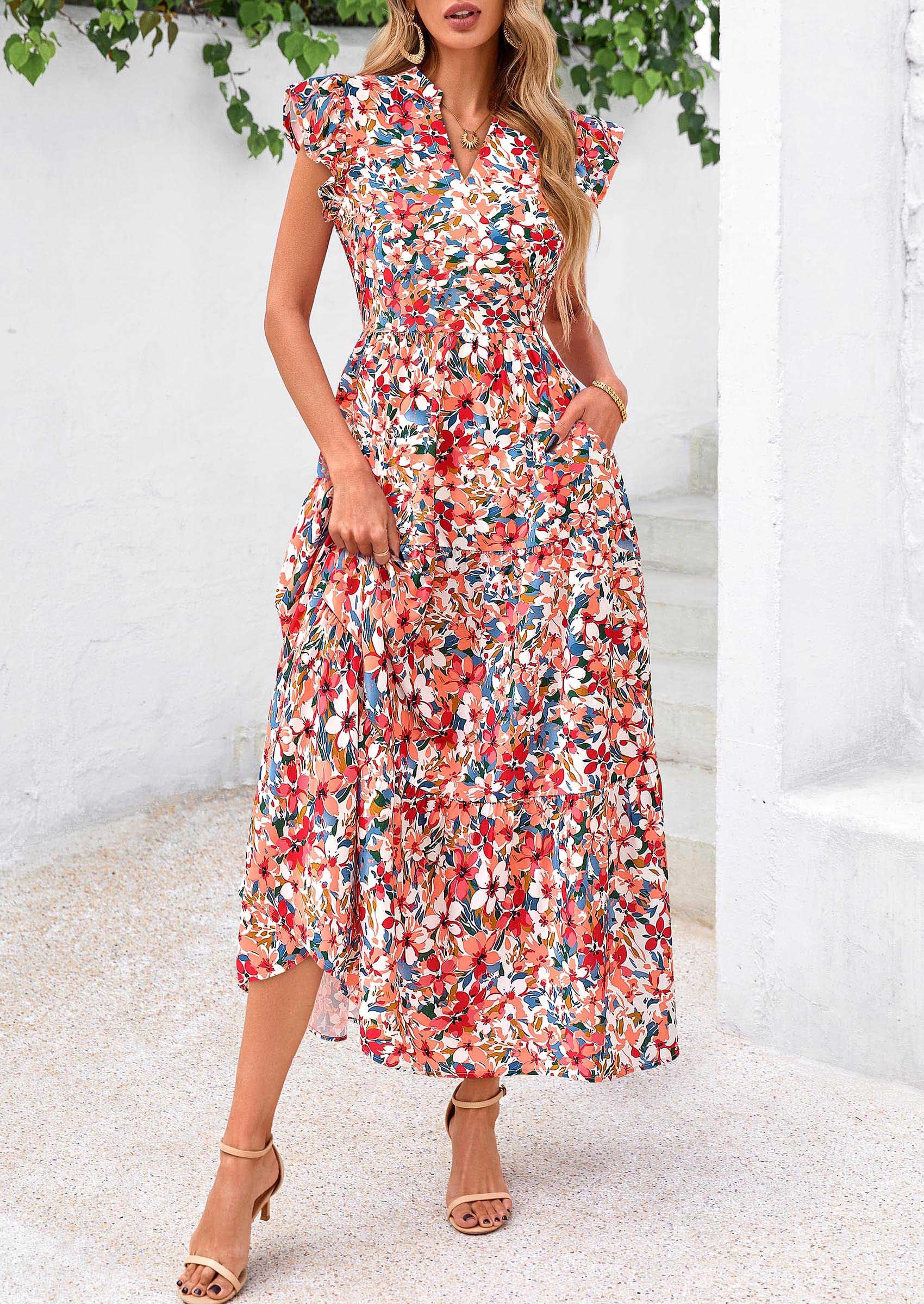 PRETTYGARDEN Women's Summer Floral Midi Dress Cap Sleeve V Neck Ruffle Long Flowy Boho Casual Beach Vacation Dresses