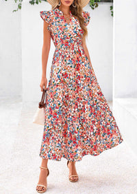 PRETTYGARDEN Women's Summer Floral Midi Dress Cap Sleeve V Neck Ruffle Long Flowy Boho Casual Beach Vacation Dresses