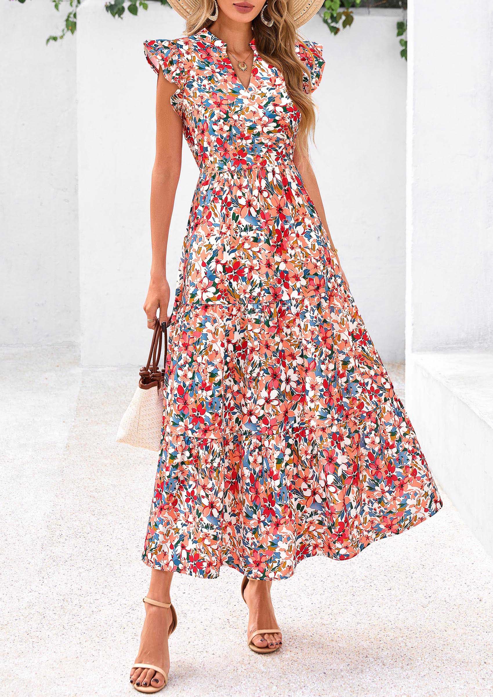 PRETTYGARDEN Women's Summer Floral Midi Dress Cap Sleeve V Neck Ruffle Long Flowy Boho Casual Beach Vacation Dresses