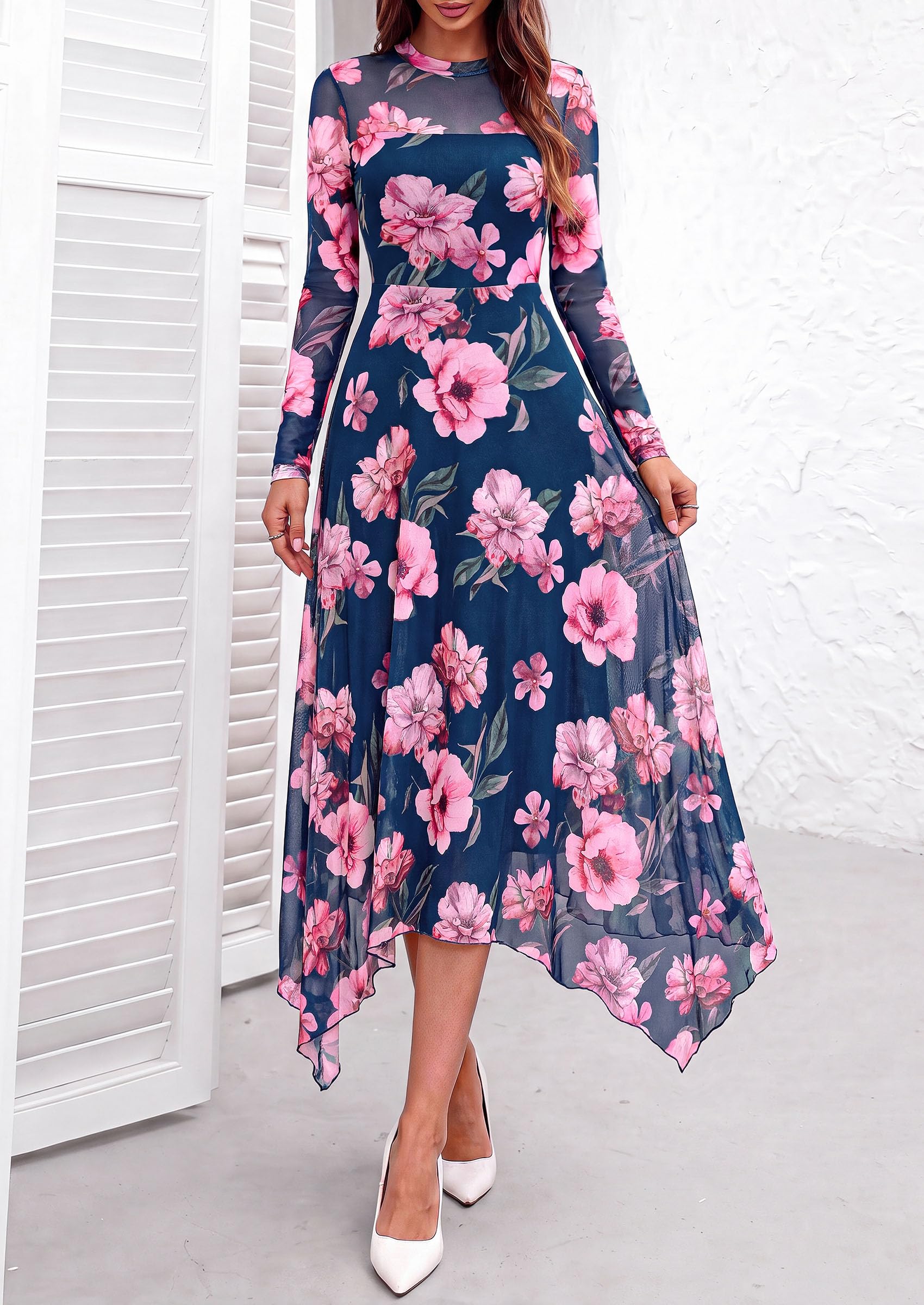 PRETTYGARDEN Women's Floral Mesh Midi Dress | Fall Wedding Guest Dresses, Sheer Long Sleeve, Mock Neck, A-line, Fit & Flare, Cocktail Holiday Party, Date Night Outfits