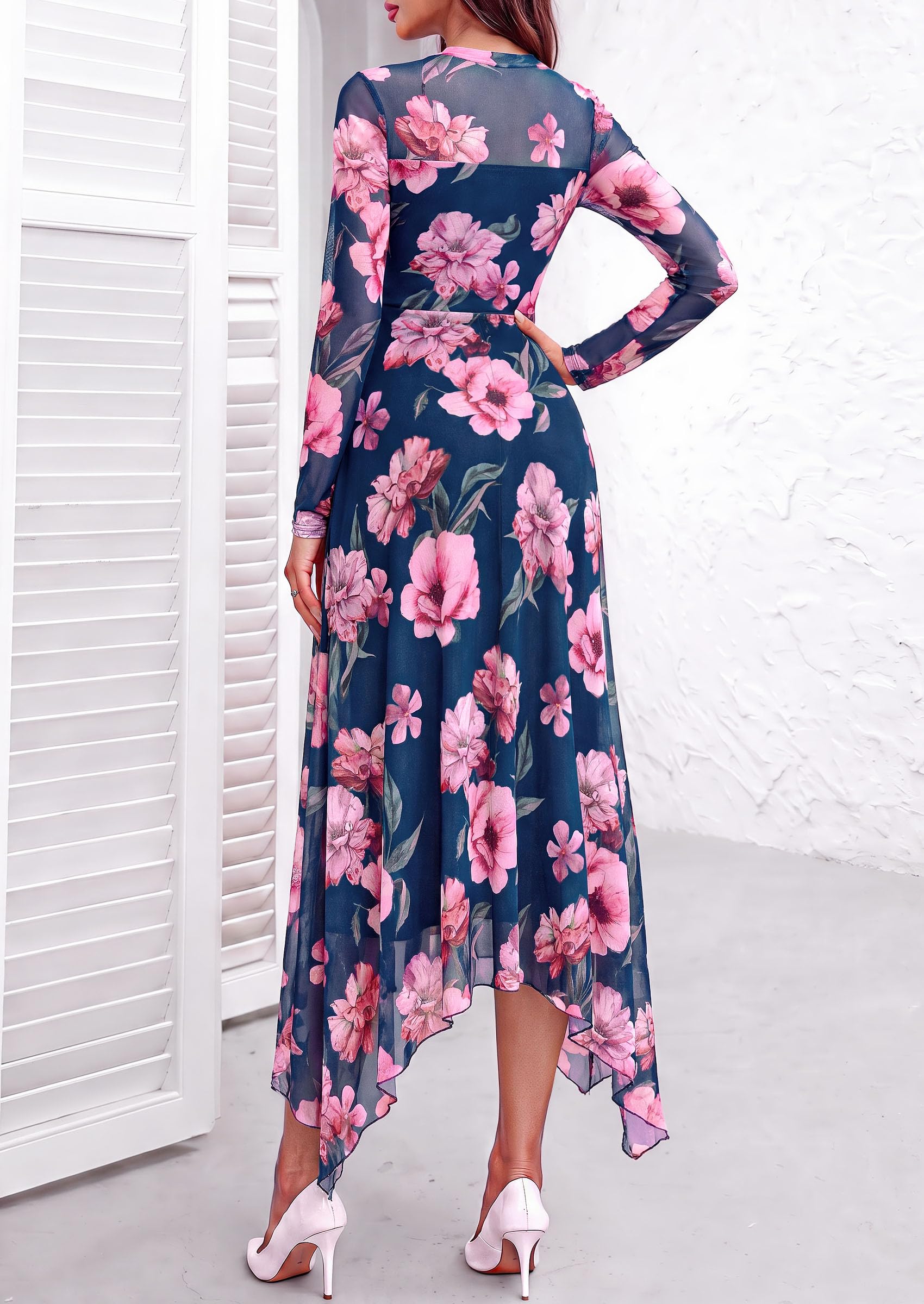 PRETTYGARDEN Women's Floral Mesh Midi Dress | Fall Wedding Guest Dresses, Sheer Long Sleeve, Mock Neck, A-line, Fit & Flare, Cocktail Holiday Party, Date Night Outfits