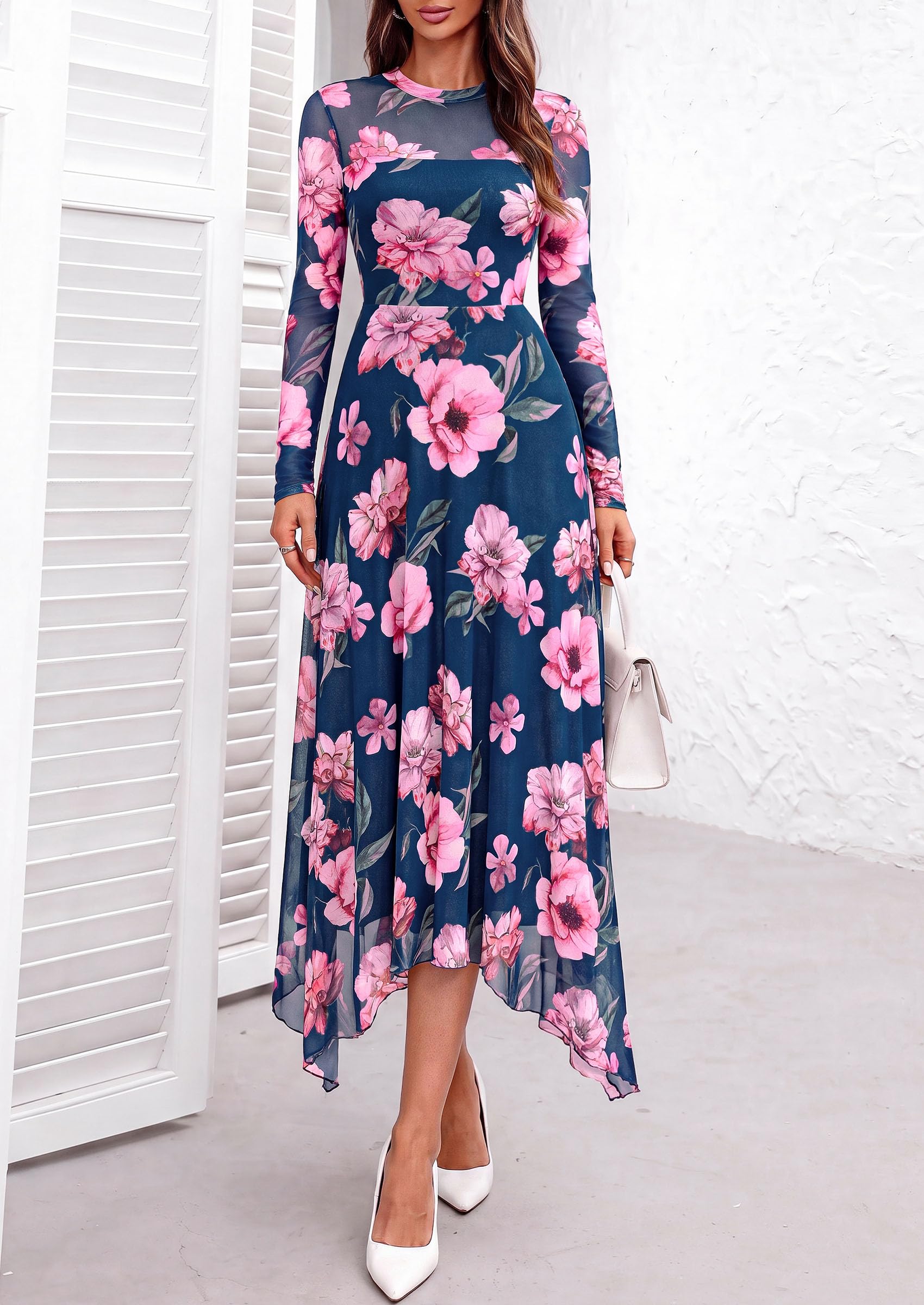 PRETTYGARDEN Women's Floral Mesh Midi Dress | Fall Wedding Guest Dresses, Sheer Long Sleeve, Mock Neck, A-line, Fit & Flare, Cocktail Holiday Party, Date Night Outfits